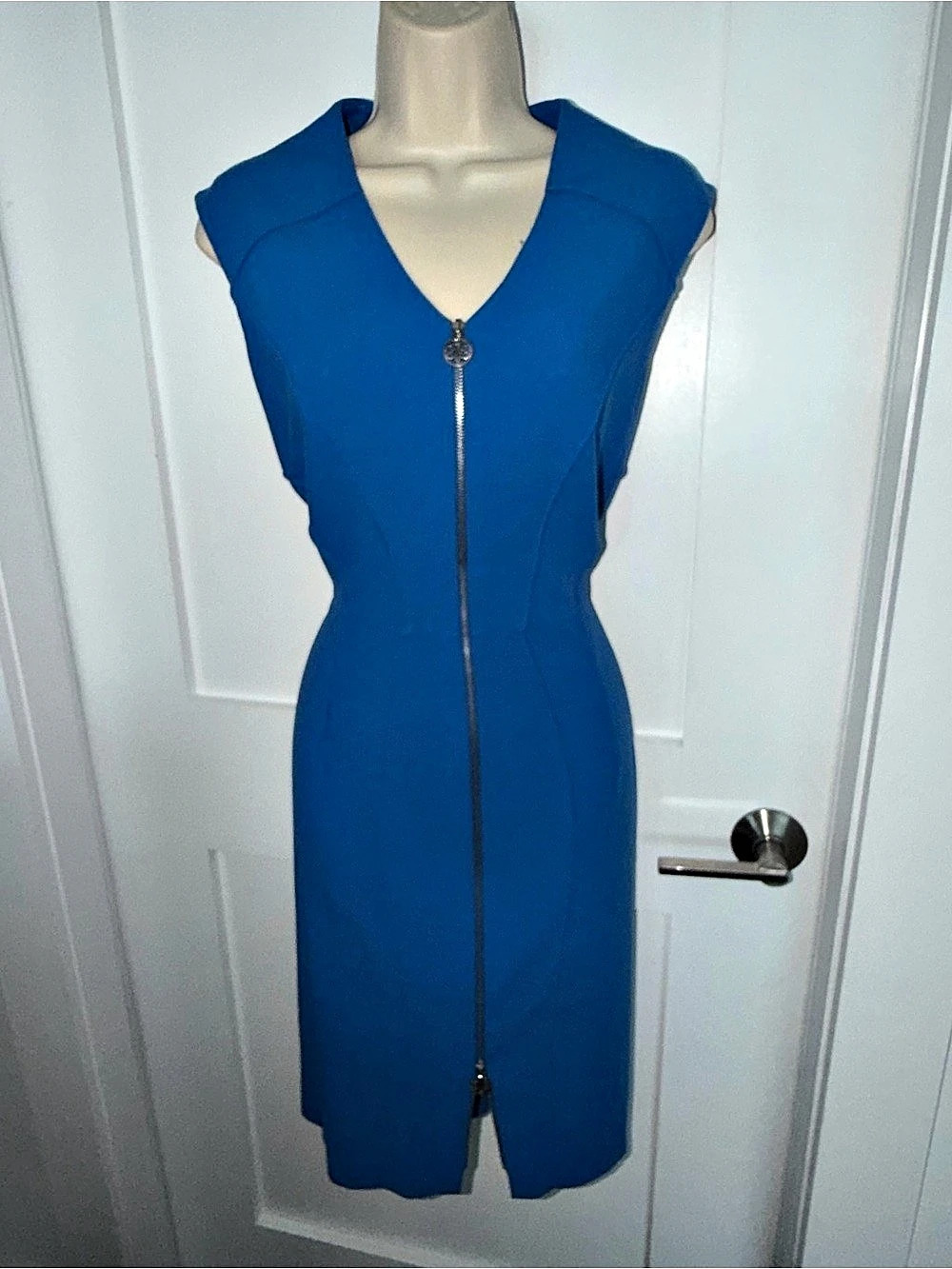 Antonio Melani Blue Zip Front Dress Size 8 sexy career wear to work v neck